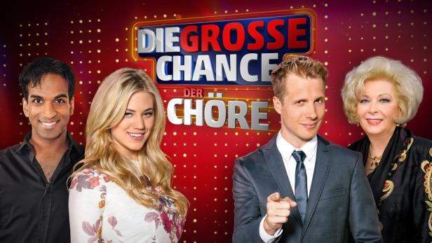 Das Logo der Sendung „Die große Chance der Chöre“ mit vier Juroren davor.