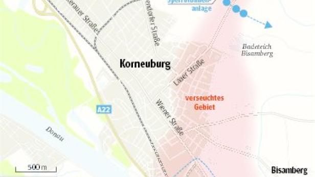 Eine Karte von Korneuburg, die ein verseuchtes Grundwassergebiet zeigt.