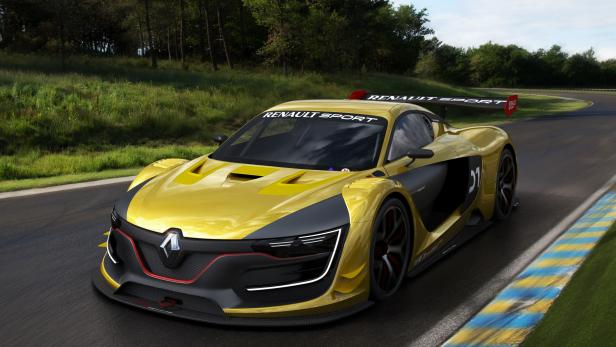 Ein gelber Renault Sport R.S. 01 Rennwagen auf einer Rennstrecke.