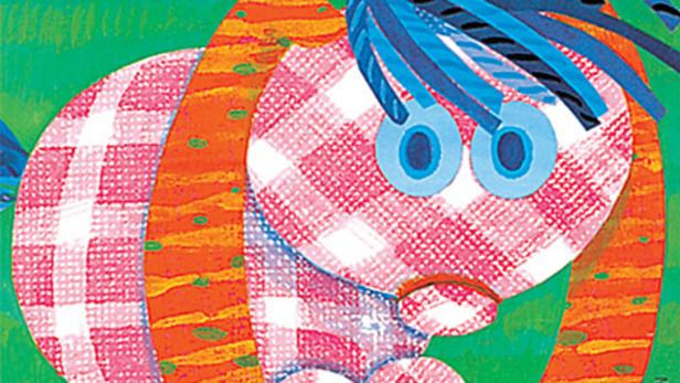 Eine Illustration eines Kindes mit blauem Haar und einem rot-weiß karierten Gesicht.