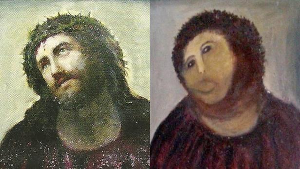Eine Pensionistin hatte in der spanischen Stadt Borja in bester Absicht ein Jesus-Fresko aus dem 19. Jahrhundert verschlimmbessert.