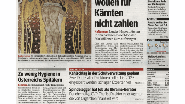 Titelseite des Kurier vom 4. März 2015 mit Meldungen zu Klimt, Hypo-Krise und Hygiene in Spitälern.