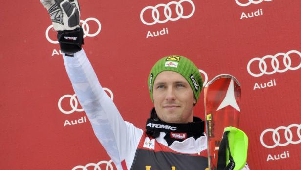 Second placed Marcel Hirscher of Austria celebrates after the men&#039;s slalom event at the Alpine Skiing World Cup in Kranjska Gora March 10, 2013. REUTERS/Srdjan Zivulovic (SLOVENIA - Tags: SPORT SKIING)