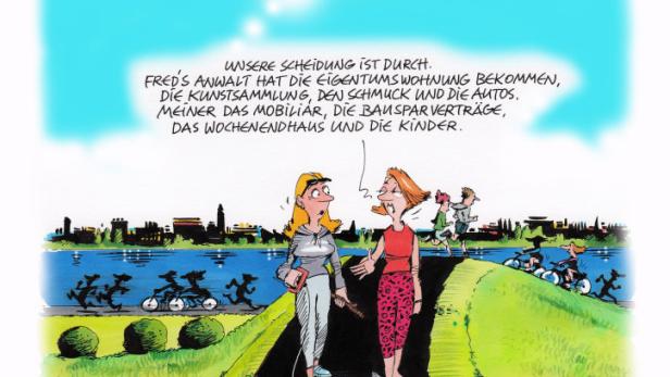 Zwei Frauen unterhalten sich über ihre Scheidung, während ein Hund an der Leine zieht.