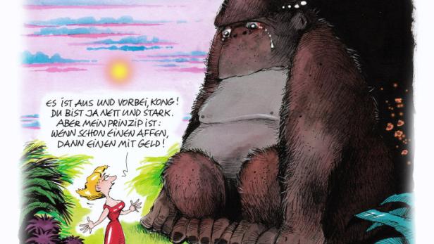 Karikatur: Eine Frau im roten Kleid verlässt einen weinenden Gorilla namens Kong, weil er kein Geld hat.