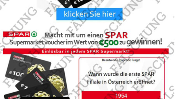 Werbung für einen SPAR-Supermarkt-Gutschein im Wert von 500 Euro.