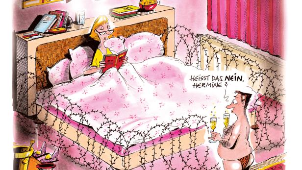Ein Mann mit Sektgläsern fragt eine Frau im Bett, das mit Stacheldraht umzäunt ist: „Heißt das nein, Hermine?“.