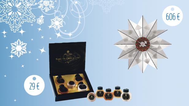 Eine Geschenkpackung „Time to Chocolate“ und eine Stern-Wanduhr vor blauem Hintergrund mit Schneeflocken.