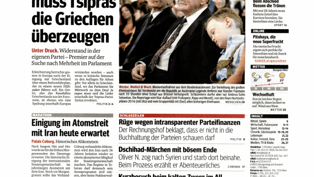 Schlagzeile vom 14.07.2015Bis Mittwoch muss Tsipras die Griechen überzeugenKurier