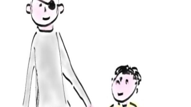 Das Cover des Buches „Mein Opa hat Krebs“ zeigt eine Zeichnung eines Opas mit Augenklappe, der die Hand eines Kindes hält.