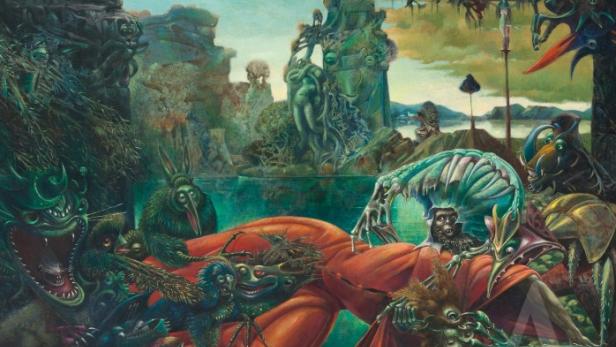 Ein surreales Gemälde mit einer Vielzahl von fantastischen Kreaturen und einer grünen Landschaft im Hintergrund.