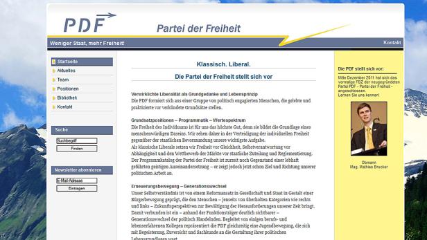 Die Webseite der Partei der Freiheit (PDF) mit dem Slogan „Weniger Staat, mehr Freiheit!“.