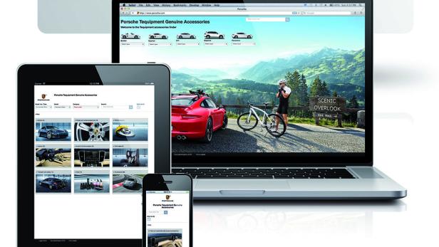 Ein Laptop, ein Tablet und ein Smartphone zeigen die Porsche Tequipment Zubehör-Website.