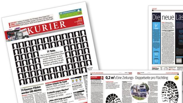Die Titelseite des „Kurier“ vom 29. August 2015 berichtet über 71 Tote in einem abgestellten Lkw bei Parndorf.