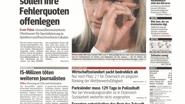 Titelseite des Kurier vom 3. September 2014 mit Nachrichten und Artikeln.