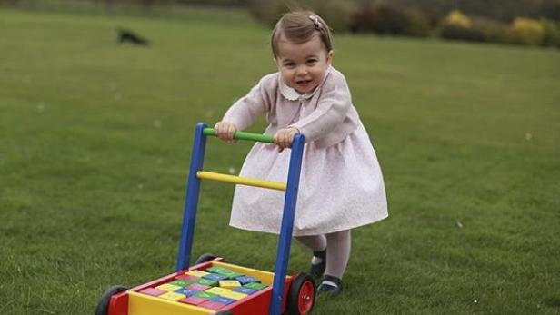 Ein kleines Mädchen schiebt einen bunten Spielzeugwagen über eine grüne Wiese.