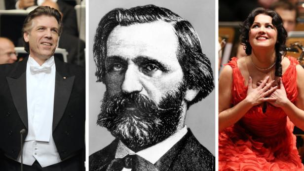 Thomas Hampson (li.) singt Giorgio Germont aus Verdis (Bildmitte) "La Traviata",  Anna Netrebko singt eine Arie aus „Giovanna d’Arco“.