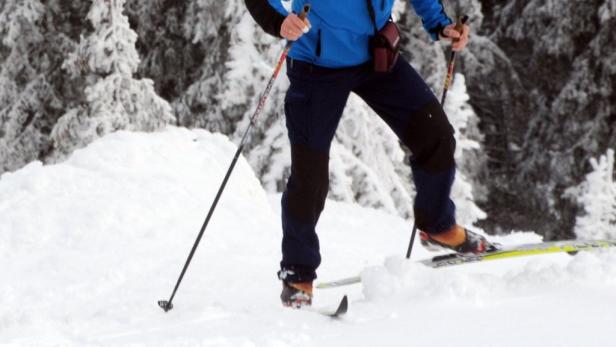 Eine Person fährt Ski in einer verschneiten Winterlandschaft.