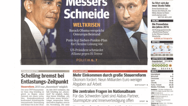 Titelseite des Kurier vom 4. September 2014 mit Bildern von Obama und Putin.