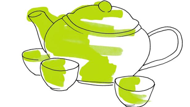Eine Teekanne und drei Teetassen, teilweise grün gefüllt, sind als Strichzeichnung dargestellt.