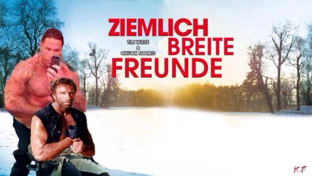 Das Filmplakat für „Ziemlich breite Freunde“ mit Tim Wiese und Chuck Norris vor winterlicher Kulisse.