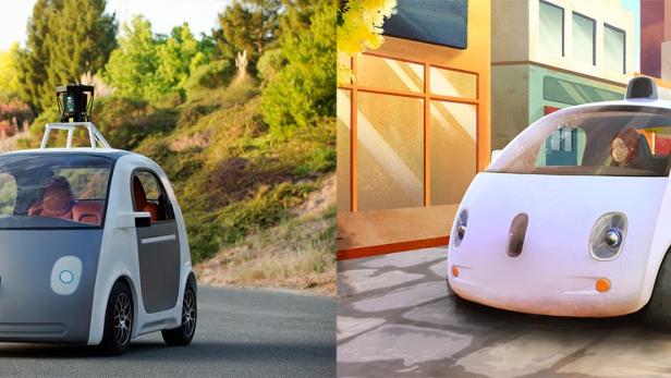 Zwei selbstfahrende Autos von Google vor unterschiedlichen Hintergründen.