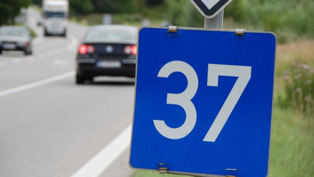 Ein blaues Schild mit der weißen Zahl 37 steht an einer Landstraße.