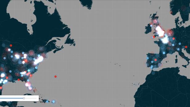 Eine Weltkarte mit roten und blauen Punkten, die verschiedene Orte hervorheben.