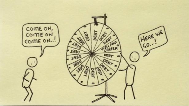Eine Karikatur zeigt eine Person, die an einem Glücksrad dreht, das meistens auf „Schulden“ landet.