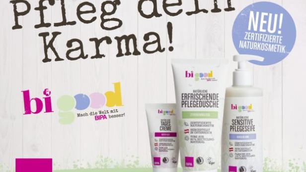 Eine Werbung für „bi good“-Naturkosmetikprodukte, erhältlich bei BIPA.
