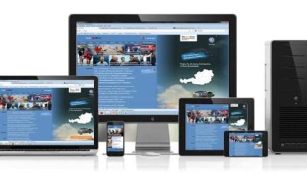Verschiedene elektronische Geräte zeigen eine Website, darunter ein Desktop-Computer, ein Laptop, Tablets und ein Smartphone.