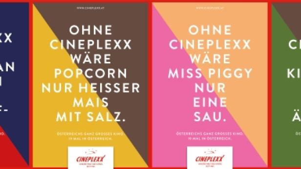 Vier Cineplexx-Werbeplakate mit Slogans über Spiderman, Popcorn, Miss Piggy und King Kong.