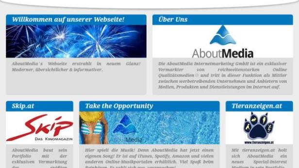 Die Webseite von AboutMedia mit verschiedenen Werbeanzeigen und Informationen.