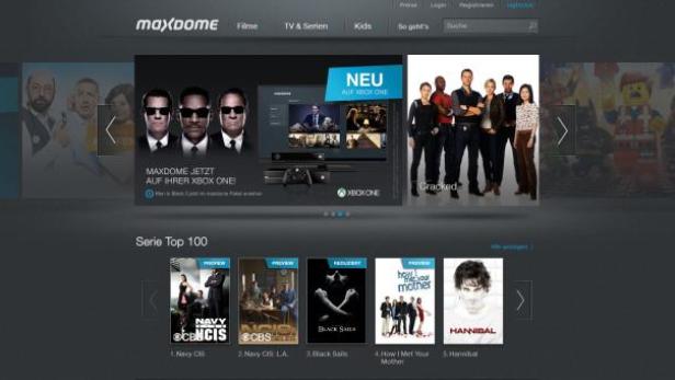 Die Startseite von Maxdome mit Vorschlägen für Filme und Serien wie „Navy CIS“ und „How I Met Your Mother“.