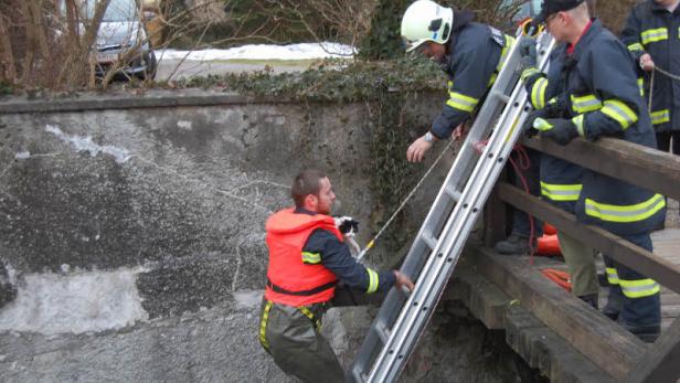 Feuerwehrleute retten einen Mann und einen kleinen Hund aus einem Wassergraben.