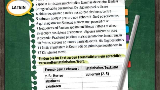 Eine Tafel mit lateinischem Text und einer Übung zu Fremdwörtern und ihren lateinischen Wurzeln.