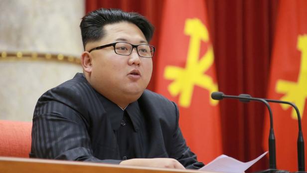 Kim Jong-un hält eine Rede vor einer roten Flagge mit Hammer und Sichel.
