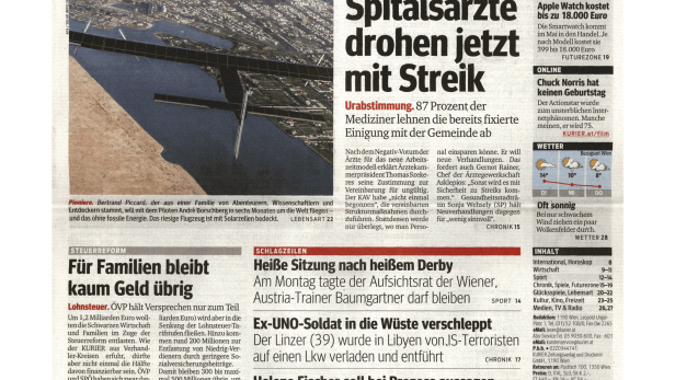 Titelseite des „Kurier“ vom 10. März 2015 mit Artikeln zu verschiedenen Themen.