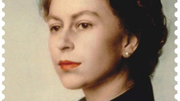 Eine Briefmarke mit einem Porträt der jungen Königin Elizabeth II.