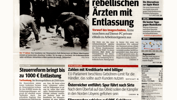 Titelseite der Zeitung „Kurier“ vom 11. März 2015 mit verschiedenen Artikeln.
