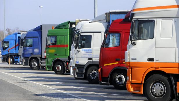 Mehrere Lastwagen unterschiedlicher Farben stehen auf einem Parkplatz.
