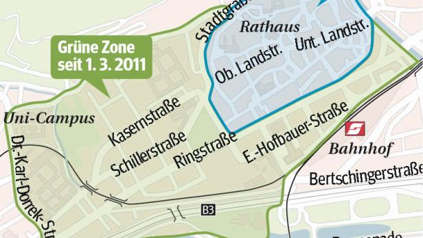 Eine Karte von Krems, die die Ausdehnung der gebührenpflichtigen Dauerparkzonen zeigt.