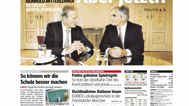 Titelseite des Kurier am Sonntag mit Werner Faymann und Reinhold Mitterlehner im Interview.