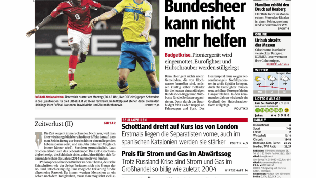 Titelseite des Kurier vom 8. September 2014 mit Fußballspielern und Schlagzeilen.