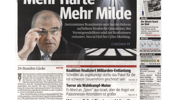 Titelseite der österreichischen Tageszeitung Kurier vom 12. März 2015.