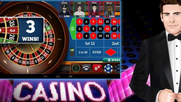 Ein animiertes Roulettespiel mit einem Croupier im Hintergrund. Die Zahl 3 hat gewonnen.