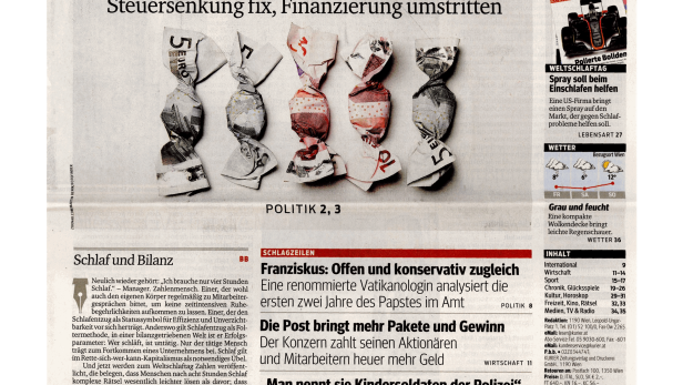 Titelseite des Kurier vom 13. März 2015 mit der Schlagzeile „4,9 Milliarden Steuersenkung fix, Finanzierung umstritten“.