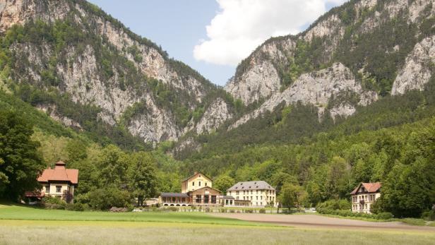 Häuser liegen eingebettet in einer grünen Landschaft vor einer Bergkulisse.