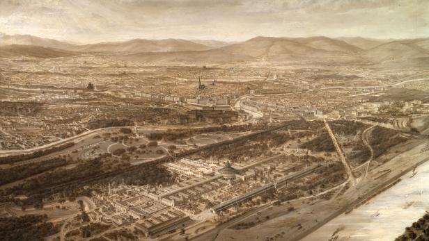 Eine Vogelperspektive auf Wien mit der Weltausstellung von 1873 im Vordergrund.