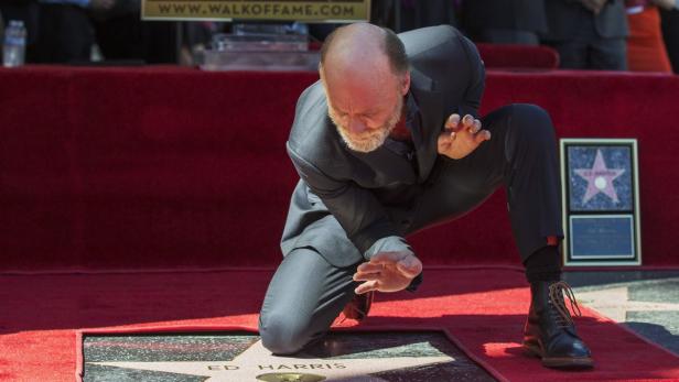 Ed Harris kniet auf dem Hollywood Walk of Fame neben seinem Stern.
